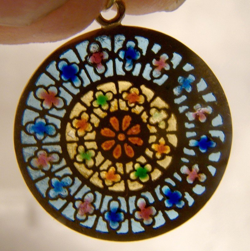 18K Yellow Gold Plique-a-Jour Enamel Stained Glass Window Charm Pend