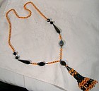 Art Deco French Jet Orange Cut Glass Beaded Flapper Sautoir Necklace