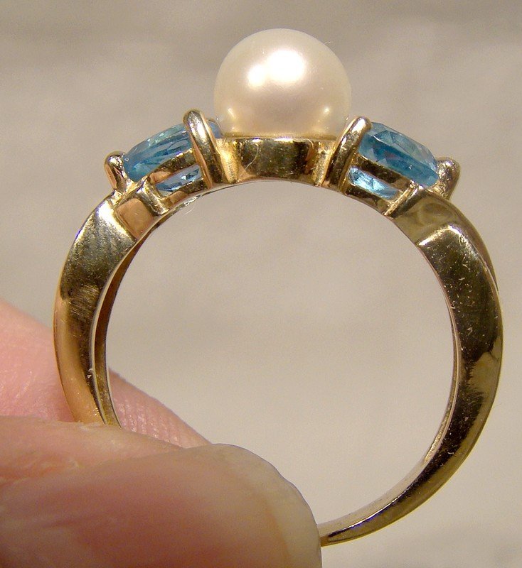 14K Cultured Pearl Blue Topaz Hearts and Diamonds Ring 1980s 14 K