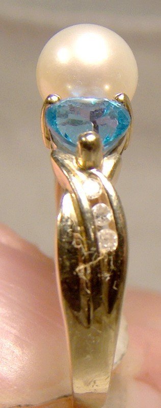 14K Cultured Pearl Blue Topaz Hearts and Diamonds Ring 1980s 14 K