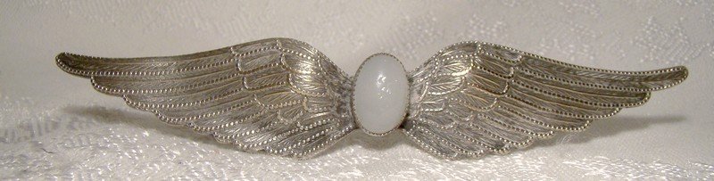 Edwardian Angel Wings Silver Plated Pin or Brooch with White Glass Cab
