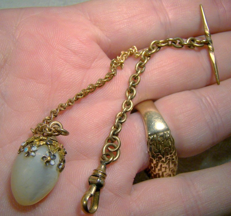 Victorian Mother of Pearl Egg Vest Watch Fob with Enamel 1880 1900