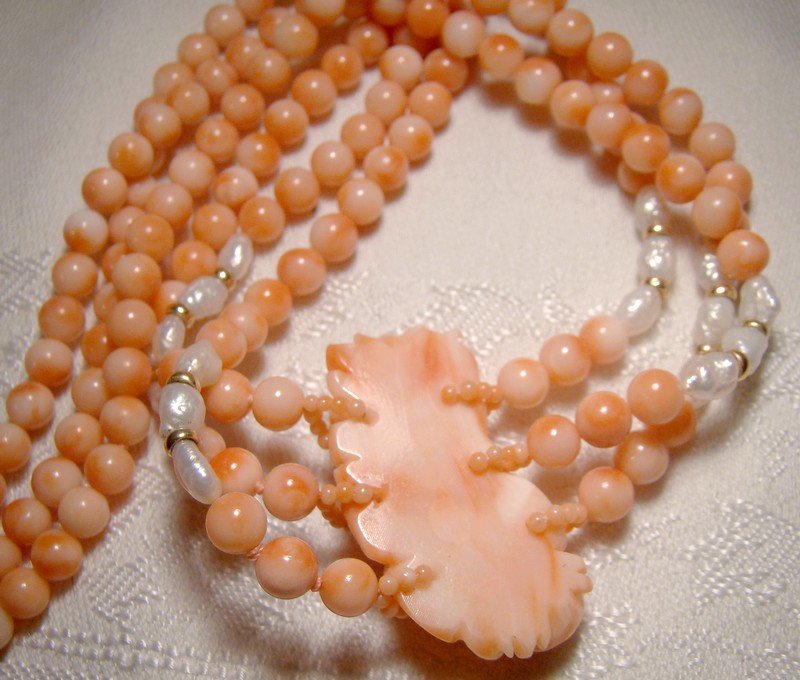 Genuine 3 Strand Angel Coral Necklace with Carved Coral Drop 1980s