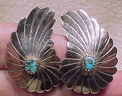 NAVAJO Sterling Silver and TURQUOISE Wing Shape Clip On EARRINGS 1940s