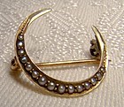 14K Crescent Moon Seed Pearls Victorian Honeymoon Pin Brooch 1900