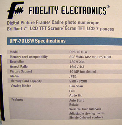 Fidelity Electronics 7&quot; Picture Frame DPF-7016W New in Box - Ex. Gift
