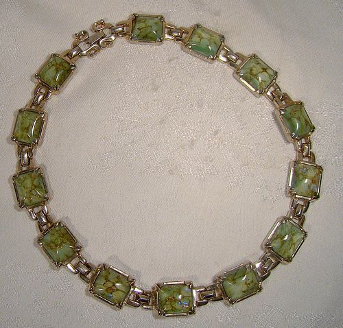 Sherman Green Opalescent Blue Art Glass GP Necklace 1950s - Unusual