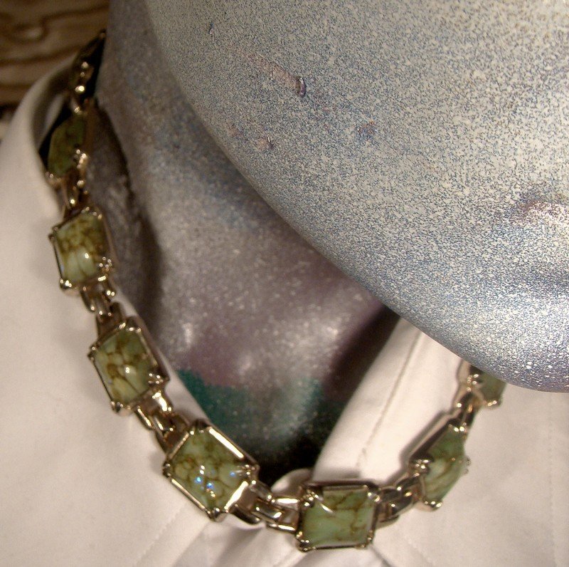 Sherman Green Opalescent Blue Art Glass GP Necklace 1950s - Unusual