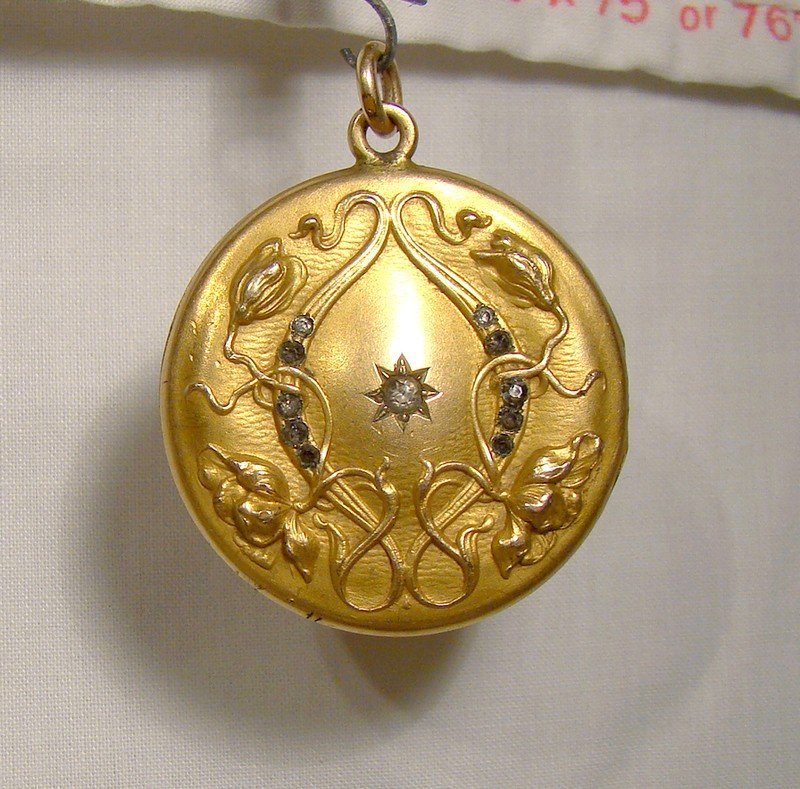 Art Nouveau Poppies Gold Filled Photo Locket with Paste Stones 1900