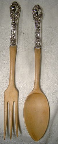 Pair Roden Birks Sterling Silver Handle Wood Salad Servers