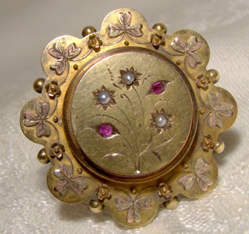 15K Rubies Seed Pearls Shamrocks Memento Pin Brooch 1875
