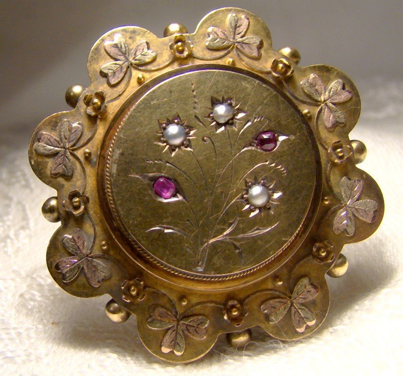 15K Rubies Seed Pearls Shamrocks Memento Pin Brooch 1875