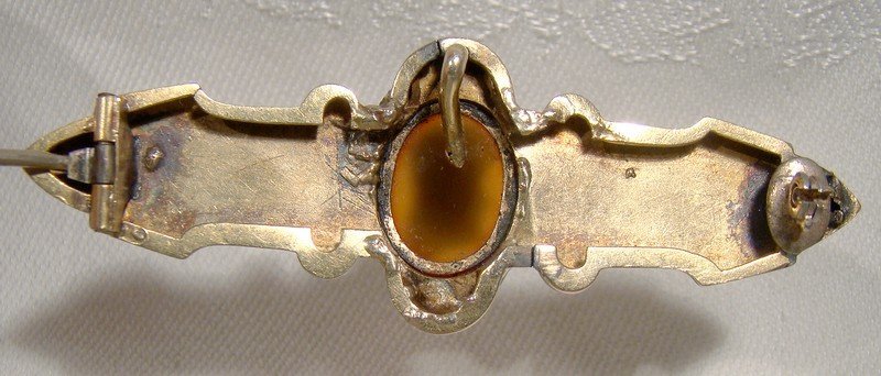 15K Sardonyx Cameo Etruscan Style Watch or Locket Pin Brooch 1860