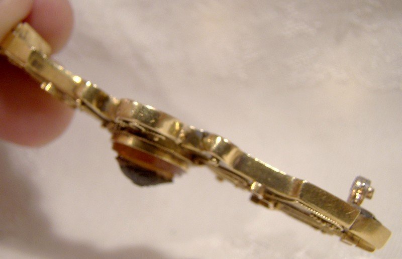 15K Sardonyx Cameo Etruscan Style Watch or Locket Pin Brooch 1860