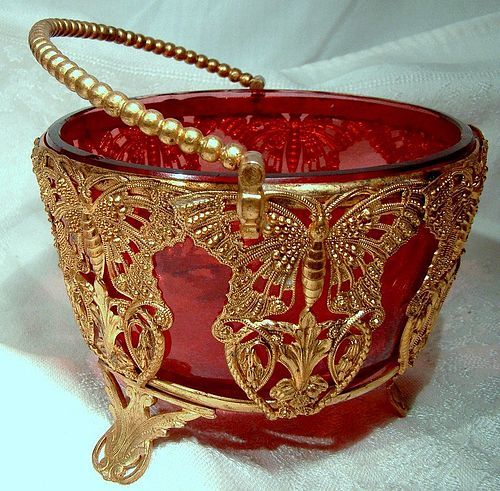 Victorian Aesthetic Butterflies Gilt Basket with Cranberry Glass Bowl