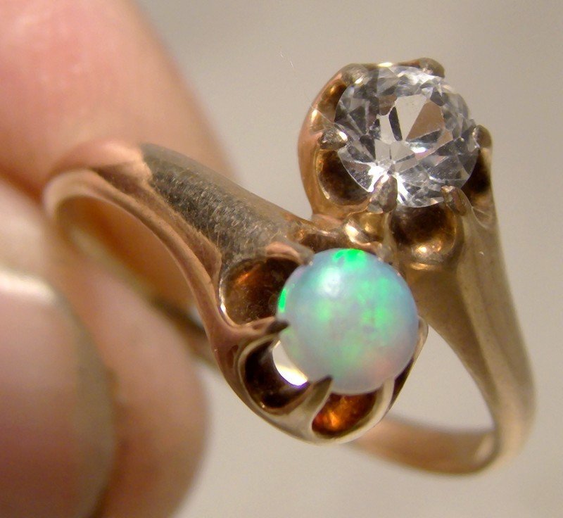 10k Rose Gold Opal and White Sapphire Crossover Victorian Ring 1890