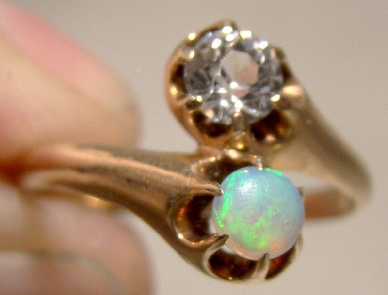 10k Rose Gold Opal and White Sapphire Crossover Victorian Ring 1890