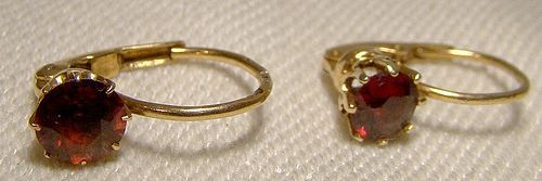 14K Garnet Solitaire Lever Back Earrings 1930s