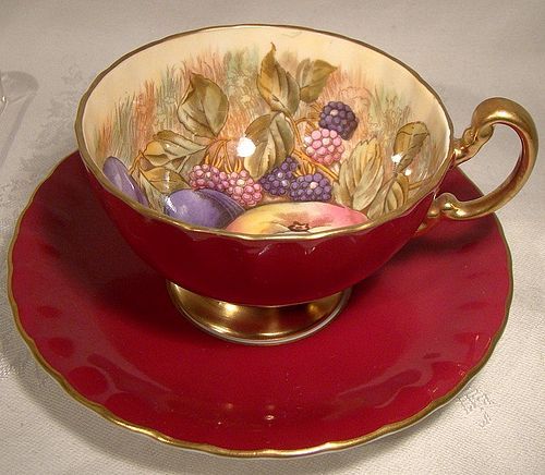 Aynsley D. Jones Burgundy Red Fruit Tea Cup and Saucer 1950s