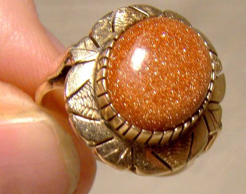 14K Rose Gold Goldstone Art Deco Hand Made Statement Ring 1930