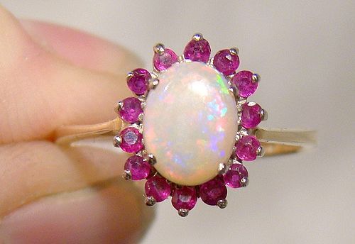 10K Opal and Ruby Halo Ring 1950s 1960s - Size 7