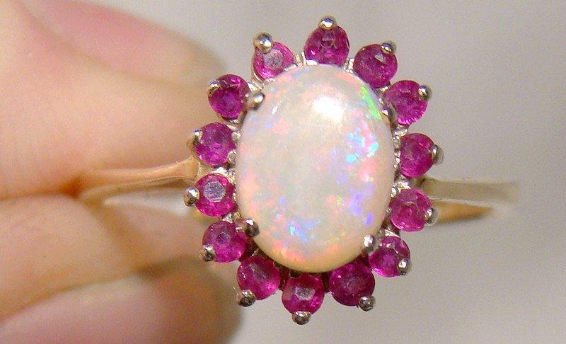 10K Opal and Ruby Halo Ring 1950s 1960s - Size 7