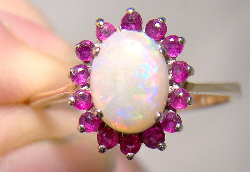 10K Opal and Ruby Halo Ring 1950s 1960s - Size 7