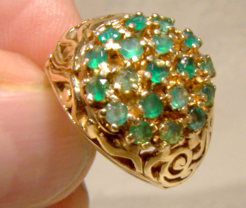 14K Hill of Emeralds Statement Ring 1960s - Size 3-1/4