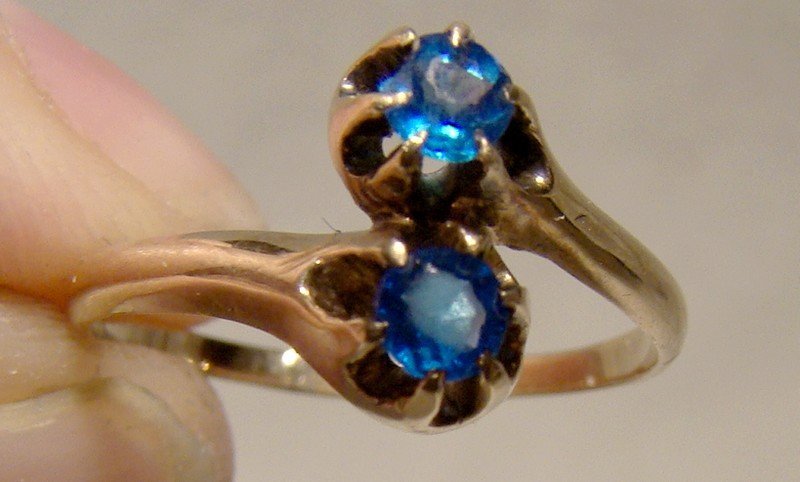 Victorian 10K Rose Gold Synthetic Blue Sapphires Crossover Ring 1890s
