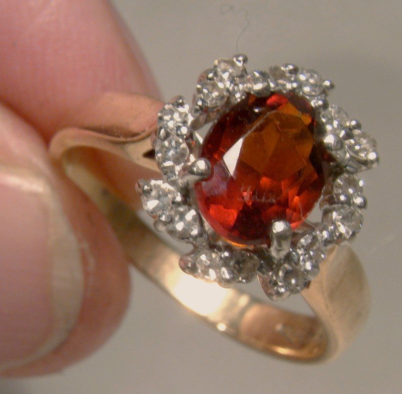 14K RED ORANGE CITRINE & 16 DIAMONDS RING Oval Red Citrene Size 6-1/2