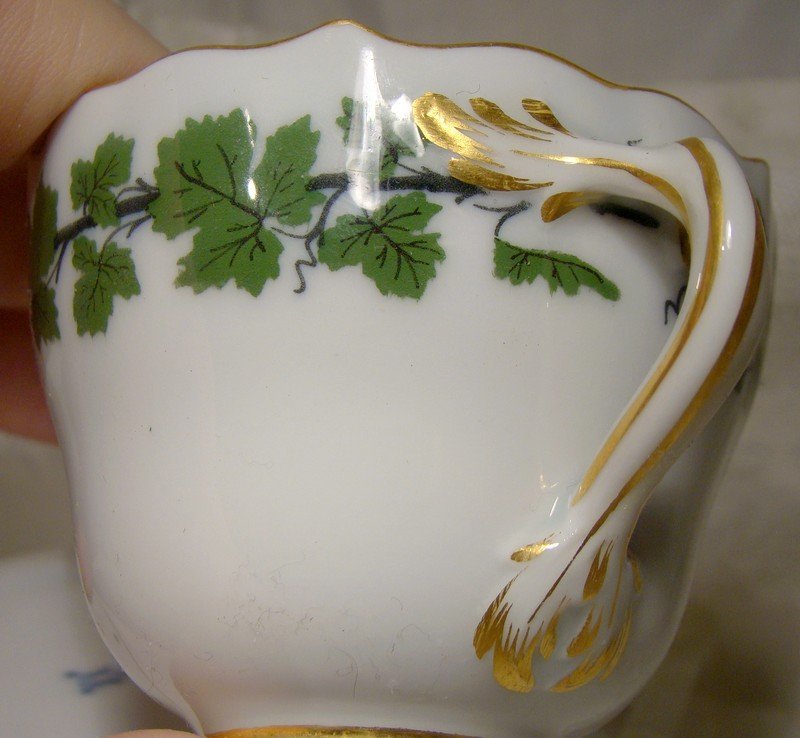 Meissen Full Green Vine Demitasse Cup &amp; Saucer - Scalloped with Gold