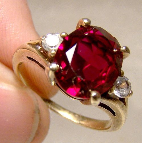 10K Synthetic Ruby & White Sapphires Ring 1950s - Size 6