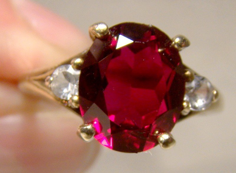 10K Synthetic Ruby &amp; White Sapphires Ring 1950s - Size 6