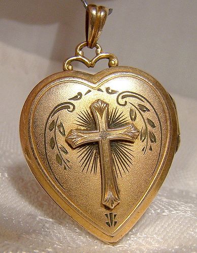 Gold Filled Heart Photo Locket with Cross Pendant 1920s