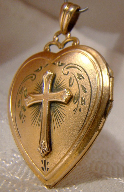 Gold Filled Heart Photo Locket with Cross Pendant 1920s