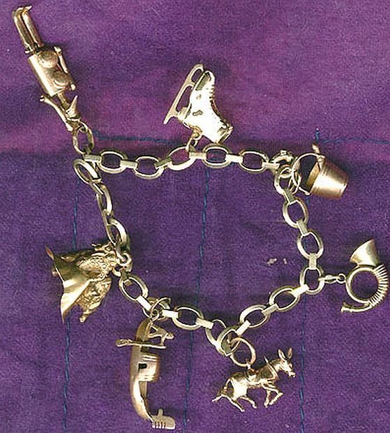 BIRKS 14K CHARM BRACELET 1930s 7 UNIQUE 14K 18K FIGURAL CHARMS