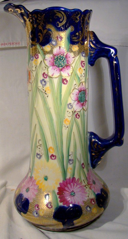 Tall Royal Nippon 13-3/4" Hand Painted Floral Ewer or Pitcher 1880s