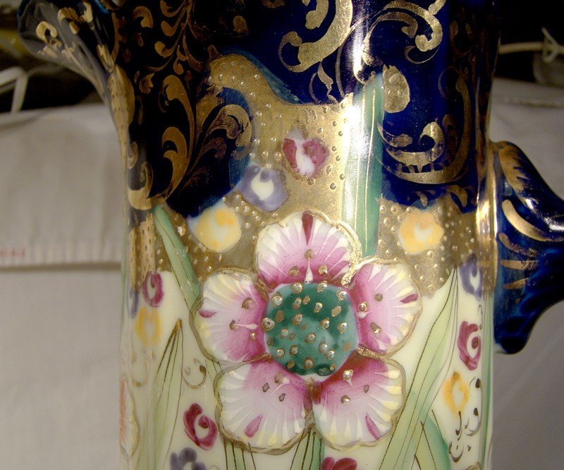 Tall Royal Nippon 13-3/4&quot; Hand Painted Floral Ewer or Pitcher 1880s