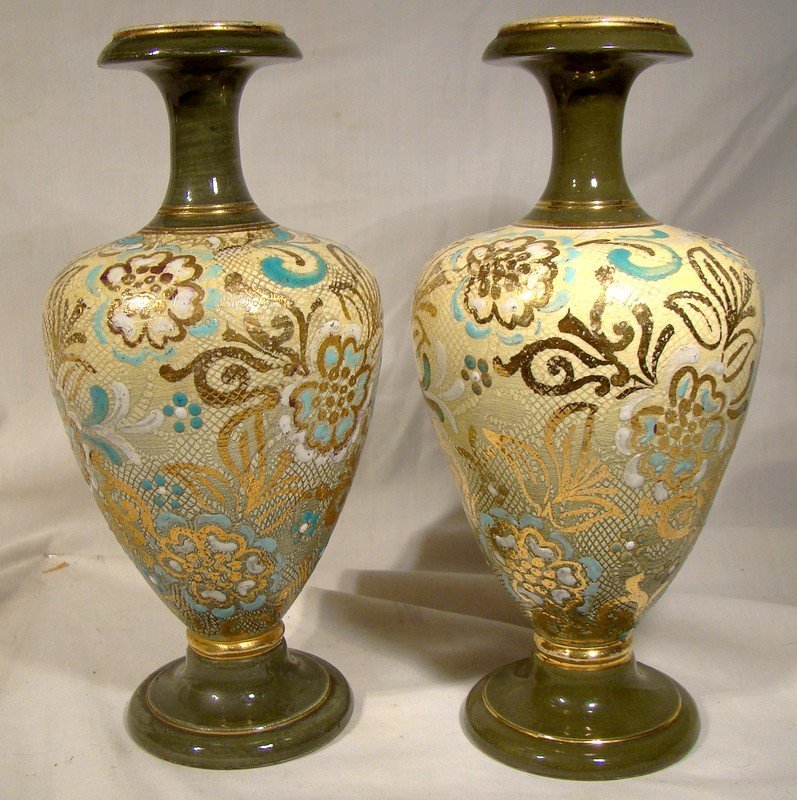 Pair Royal Doulton A. Turner Stoneware 7-5/8&quot; Vases 1902-22 Unusual