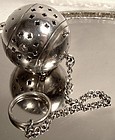 Art Deco Sterling Silver Tea Ball Strainer with Chain and Ring 1920s