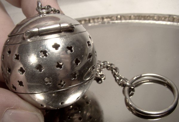 Art Deco Sterling Silver Tea Ball Strainer with Chain and Ring 1920s