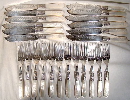 Set for 12 Mother of Pearl Handle Silver Plated Fish Knives and Forks