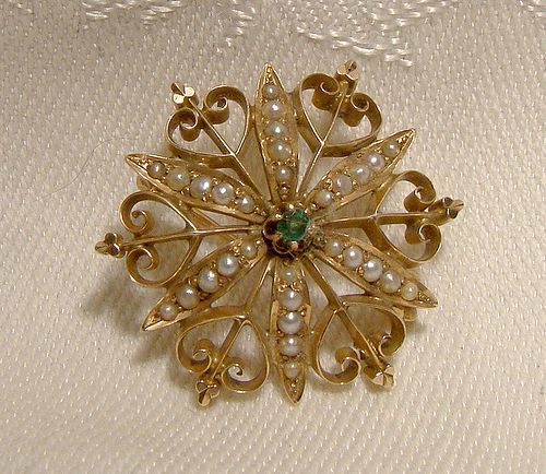 15K Emerald Seed Pearls Starburst Gothic Flower Aesthetic Pin Brooch