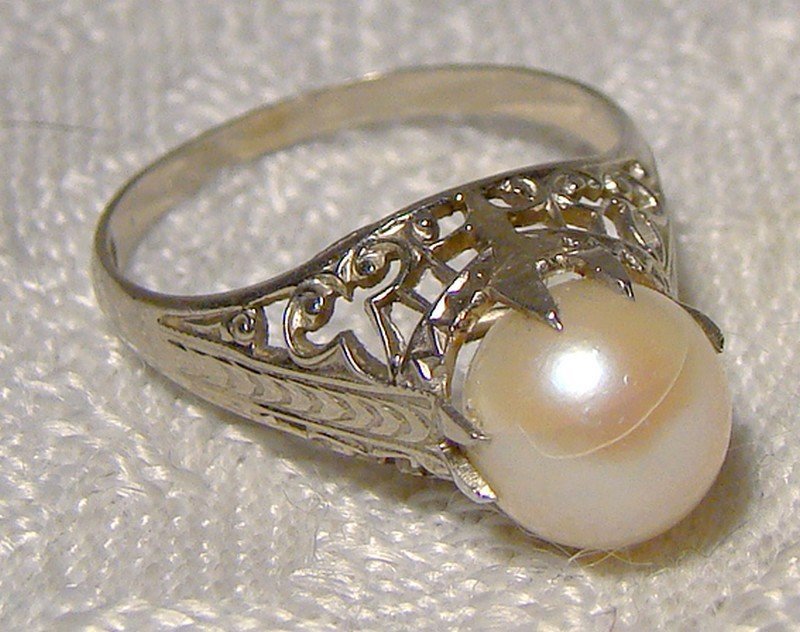 14K White Gold Filigree Art Deco Pearl Ring 1920s 1930s - Size 5