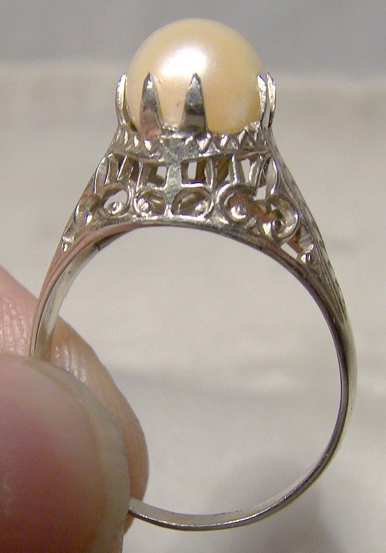 14K White Gold Filigree Art Deco Pearl Ring 1920s 1930s - Size 5