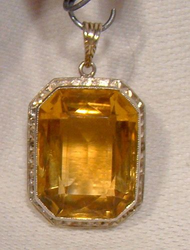 14K Art Deco Eatons Citrene Citrine Pendant 1920s White Gold