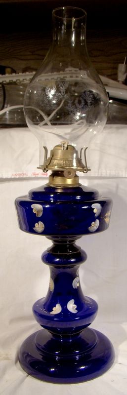 Victorian 21&quot; Cobalt Glass Oil Lamp with Etched Chimney &amp; Enamel 1890s