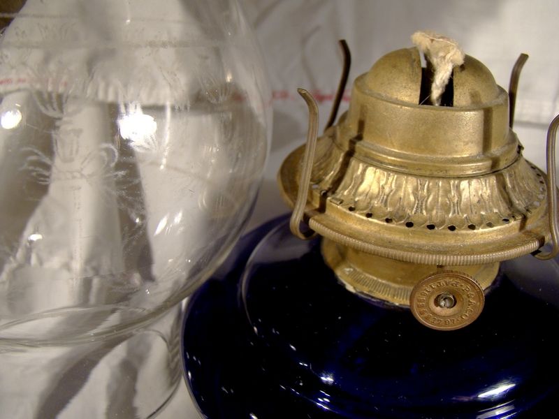 Victorian 21&quot; Cobalt Glass Oil Lamp with Etched Chimney &amp; Enamel 1890s