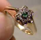 14K Emerald and Diamonds Flower Circle Ring 1960s - Size 5