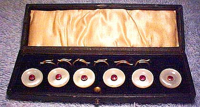 Edwardian 15K Mother of Pearl Rubies BUTTON SET in BOX 1900